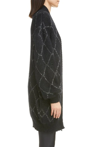 Shop Saint Laurent Metallic Intarsia Oversize Open Front Mohair Blend Cardigan In Black/ Silver