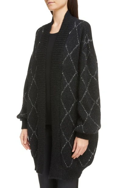 Shop Saint Laurent Metallic Intarsia Oversize Open Front Mohair Blend Cardigan In Black/ Silver