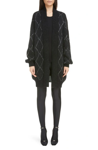 Shop Saint Laurent Metallic Intarsia Oversize Open Front Mohair Blend Cardigan In Black/ Silver