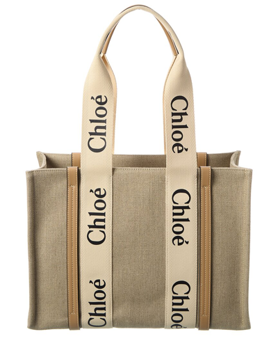 Shop Chloé Woody Medium Canvas & Leather Tote In White