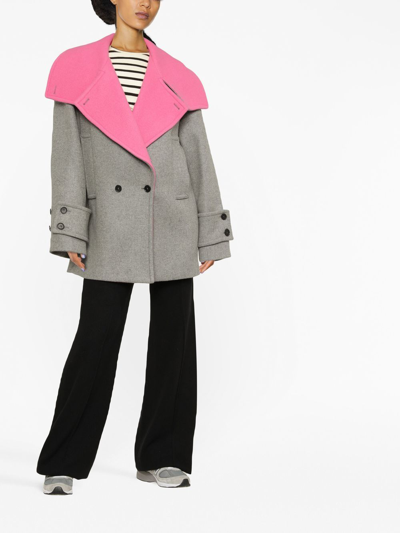 Shop Msgm Contrasting-collar Double-breasted Coat In Grey
