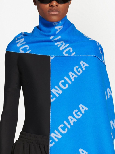 Shop Balenciaga Logo-knit Wool Scarf In Blue