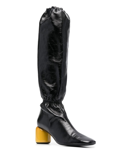 Shop Jil Sander Gathered Knee-high Leather Boots In Black