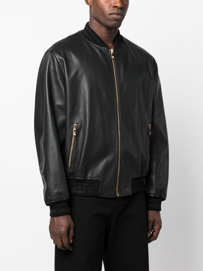 Shop Versace Greca Leather Bomber Jacket In Black