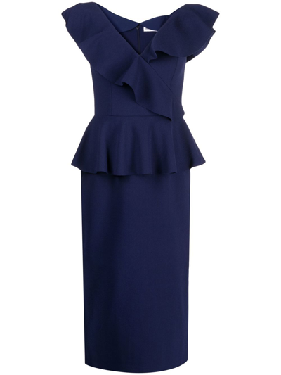 Shop Rebecca Vallance Grace Ruffle-trim Midi Dress In Blue