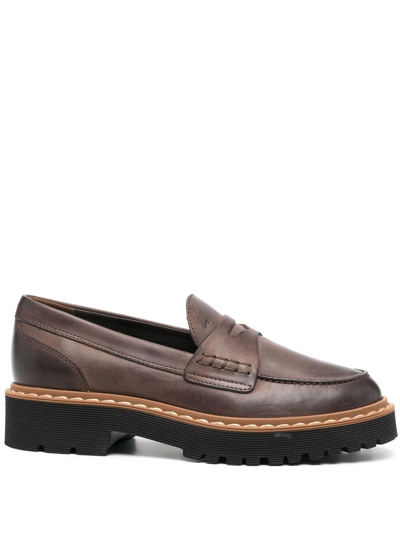 Shop Hogan H543 Leather Penny Loafers In Brown