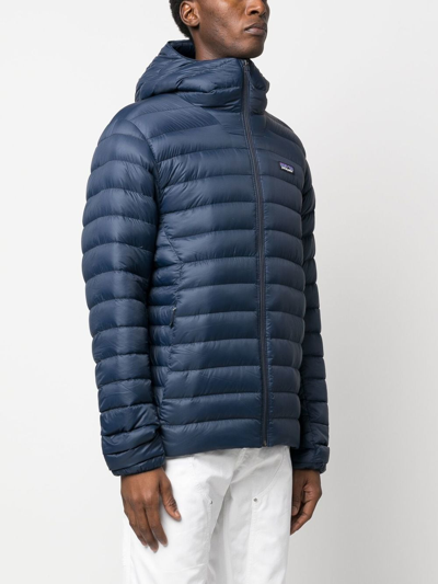 Shop Patagonia Logo-patch Hooded Down Jacket In Blue