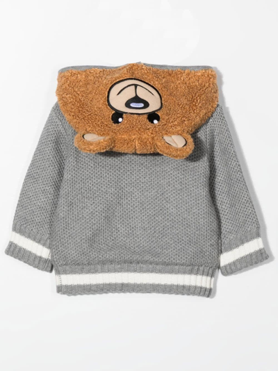 Shop Moschino Teddy Bear Hooded Cardigan In Gray