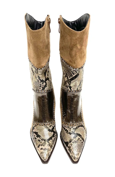Lady Couture Art Patchwork Studded Snake Embossed Boot In Taupe