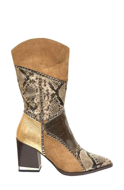 Lady Couture Art Patchwork Studded Snake Embossed Boot In Taupe
