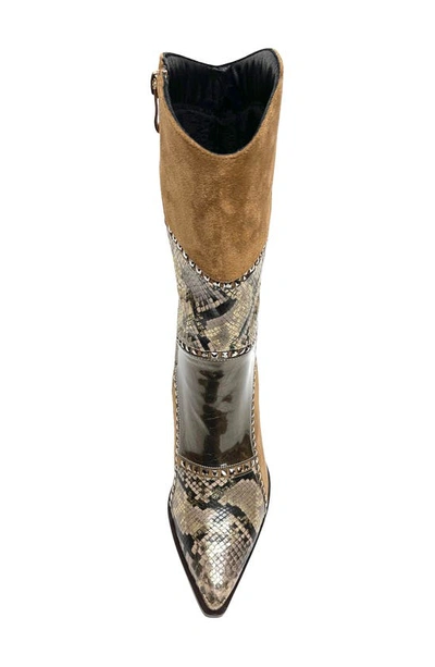 Lady Couture Art Patchwork Studded Snake Embossed Boot In Taupe