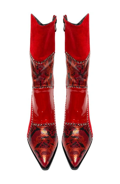 Lady Couture Art Patchwork Studded Snake Embossed Boot In Red