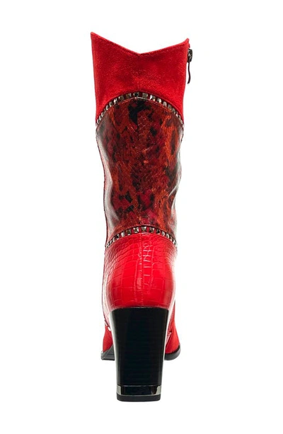Lady Couture Art Patchwork Studded Snake Embossed Boot In Red