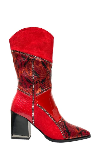 Lady Couture Art Patchwork Studded Snake Embossed Boot In Red