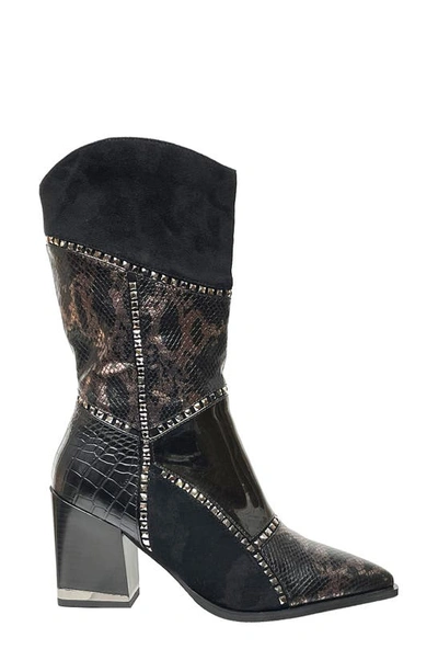 Lady Couture Art Patchwork Studded Snake Embossed Boot In Black