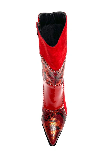 Lady Couture Art Patchwork Studded Snake Embossed Boot In Red