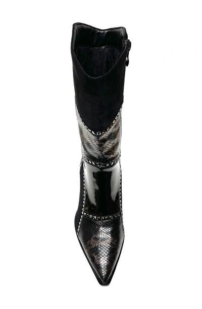 Lady Couture Art Patchwork Studded Snake Embossed Boot In Black