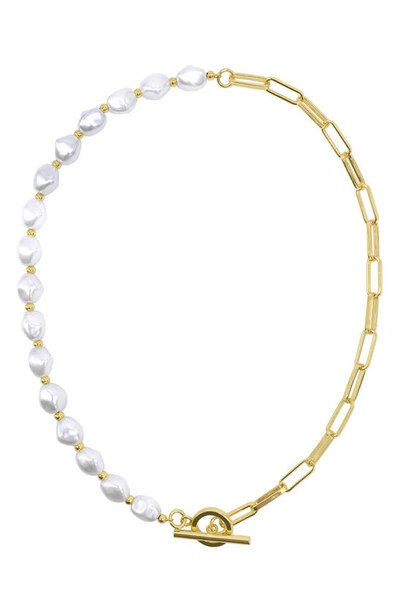 Adornia Imitation Pearl & Paperclip Link Toggle Necklace In White