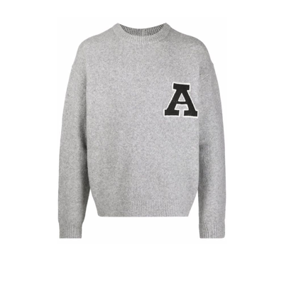 Shop Axel Arigato Grey Chest Logo Patch Wool Sweater