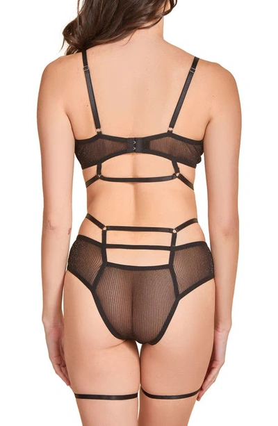 Hauty Strappy Stripe Bra, Panties & Garter Set In Black