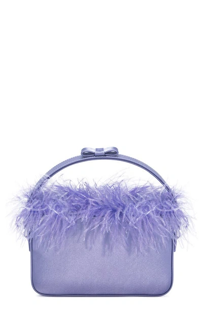 Shop Mach & Mach Feather Trim East/west Satin Top Handle Bag In Lavender