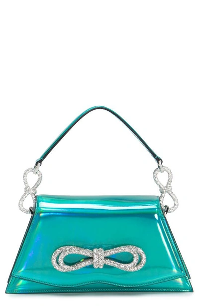 Shop Mach & Mach Samantha Double Crystal Bow Iridescent Leather Top Handle Bag In Turquoise Iridescent