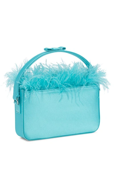 Shop Mach & Mach Feather Trim East/west Satin Top Handle Bag In Ocean Blue