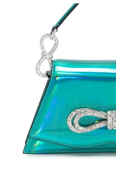 Shop Mach & Mach Samantha Double Crystal Bow Iridescent Leather Top Handle Bag In Turquoise Iridescent