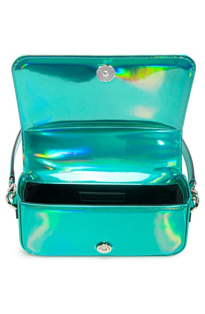 Shop Mach & Mach Puffer Bow Iridescent Leather Shoulder Bag In Turquoise Blue