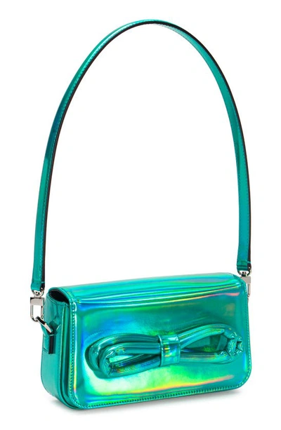 Shop Mach & Mach Puffer Bow Iridescent Leather Shoulder Bag In Turquoise Blue