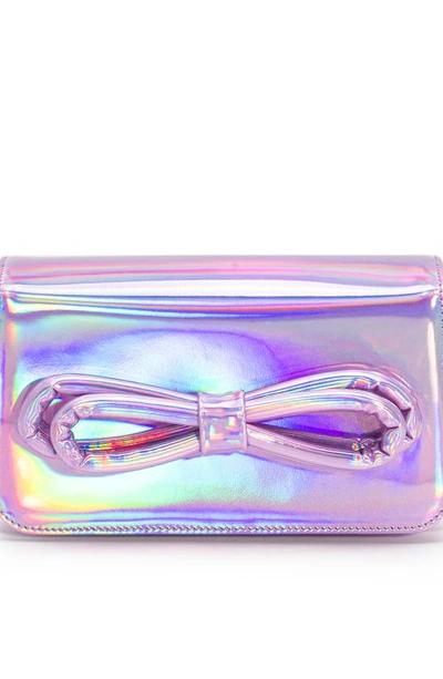 Shop Mach & Mach Puffer Bow Iridescent Leather Shoulder Bag In Pink Iridescent