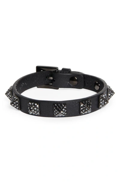 Shop Valentino Crystal Pavé Rockstud Leather Bracelet In Uwl Nero/ Nero/ Jet Ematite