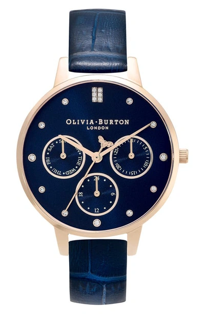 Shop Olivia Burton Multifunction Leather Strap Watch, 34mm In Blue