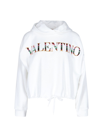 Shop Valentino Sweatshirt Crop Embroidery Logo Paillettes In Bianco