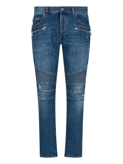 Shop Balmain Slim-fit Ribbed Detail Jeans In Blu