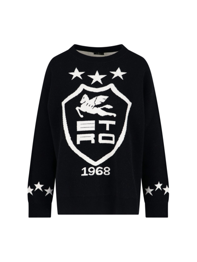 Shop Etro Wool Coat Of Arms Jacquard Sweater In Nero