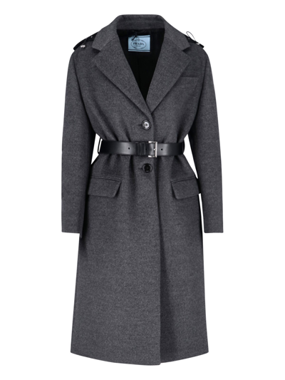 Prada Single-breasted Belted Cashmere Coat In Grigio