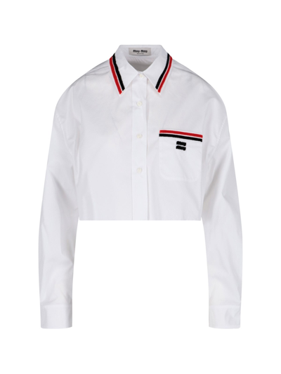 Shop Miu Miu Stripes Detail Crop Collar Shirt In Bianco