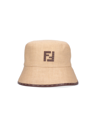 Shop Fendi Bucket Logo Rafia Hat In Beige