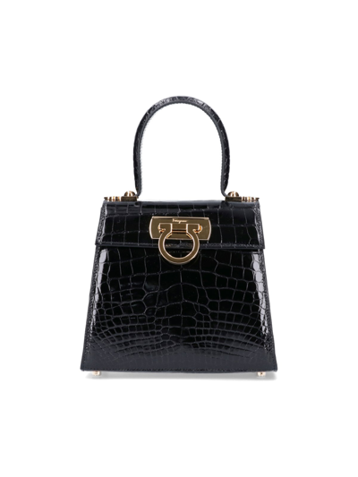 Shop Ferragamo Alligator "gancini" Top Handle Bag In Nero