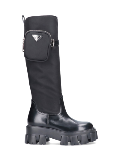 Prada Monolith Mini Bag Knee High Boot In Nero