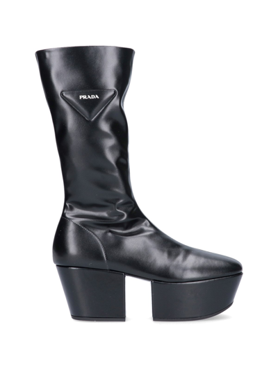 Prada Triangle Logo Platform Boots In Nero
