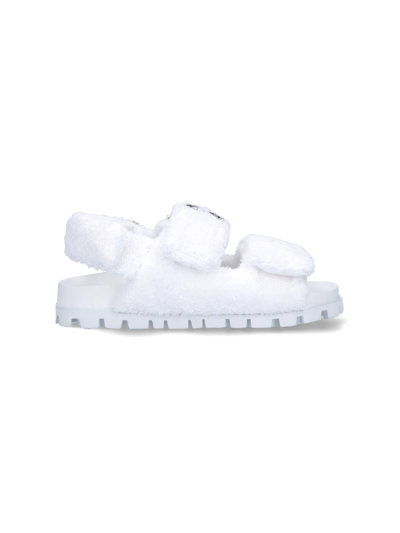 Miu Miu Logo-embroidered Terry-cloth Sandals In Bianco