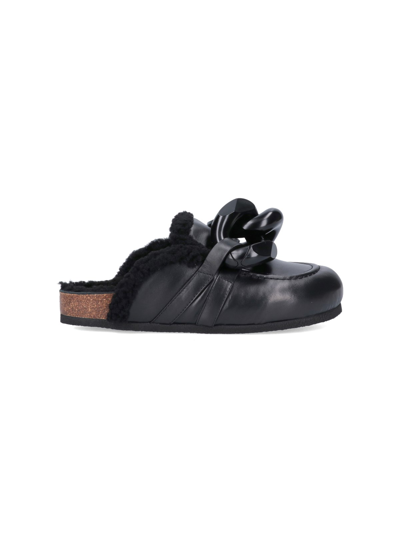 Shop Jw Anderson Shearling 'chain' Mules In Nero