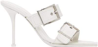Shop Alexander Mcqueen White Double Buckle Punk Mules In 9359 New Ivory/silve