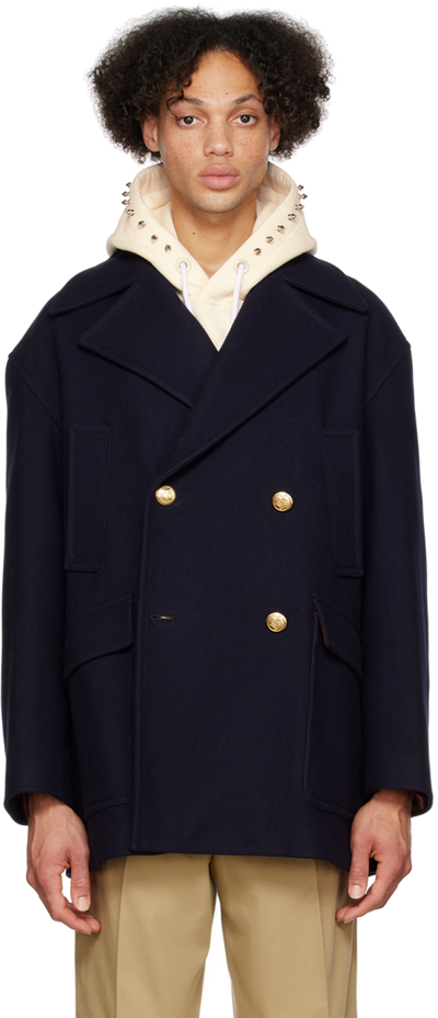 Shop Palm Angels Navy Embroidered Coat In Indigo