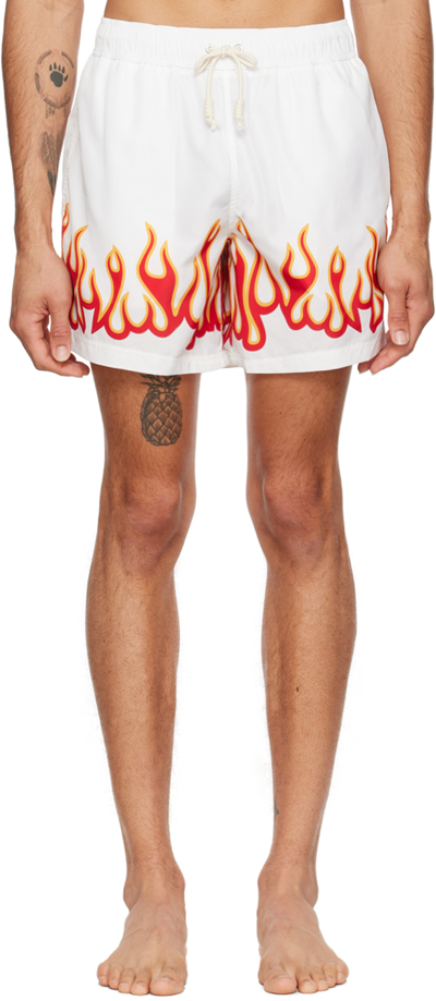 Shop Palm Angels White Burning Flames Swim Shorts In White Red