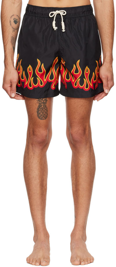 Shop Palm Angels Black Burning Flames Swim Shorts In Black Red