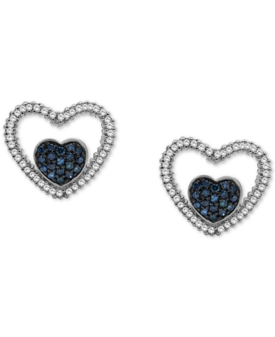 Macy's Blue Diamond (1/3 Ct. T.w.) & White Diamond (1/6 Ct. T.w.) Double Heart Stud Earrings In Sterling Si In Sterling Silver