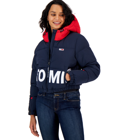 Tommy Jeans Flag Logo Cropped Puffer Jacket In Navy And Red | ModeSens